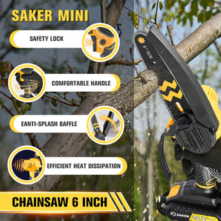 Lightweight, High-Performance Electric Saw for Pruning and Trimming - SAKER® Mini Chainsaw Cordless 6-Inch