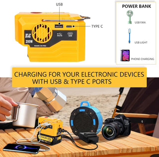 200W Power Inverter for Dewalt/Makita/Milwaukee/Ryobi 18-20V to 120V Adapter